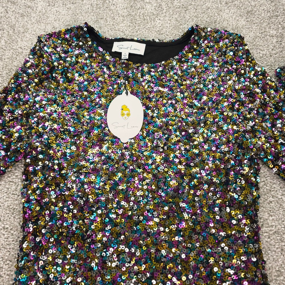 New‎ Sweet Lemon Womens Multicolor Sequin Long Sleeve Mini Dress NWT Size L - Picture 7 of 9